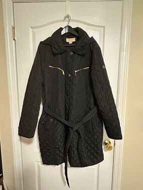Michael Kors Black Quilted Hooded Coat Size 2X Belted Gold Hardware